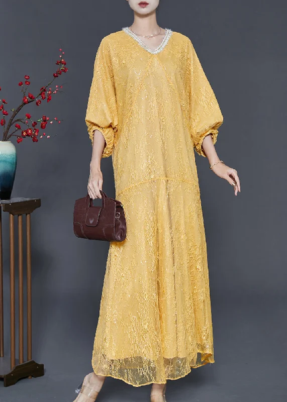 elegant evening dressHandmade Yellow Sequins Silm Fit Lace Party Dresses Summer