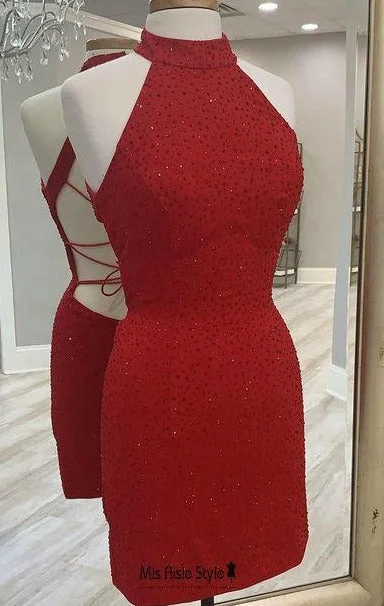 YEAR-End Sale knit dressknit dressShort Sheath Deep Red Sparkle Homecoming Dress