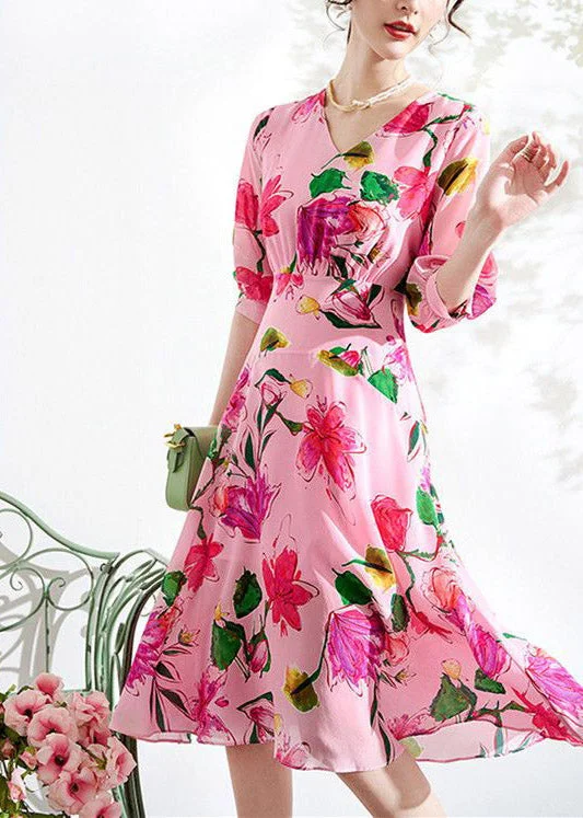 Low Prices trendy bodycon dresstrendy bodycon dressBeautiful Pink V Neck Print Tunic Chiffon Long Dresses Summer