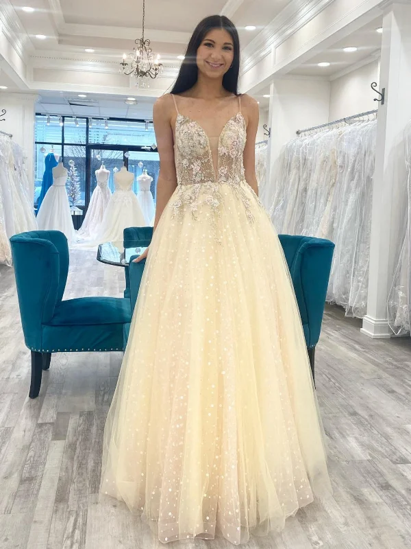 Grand Opening Sale elegant maxi dresselegant maxi dressV Neck Champagne Tulle Lace Floral Long Prom Dresses, Champagne Formal Evening Dresses with Appliques SP2586