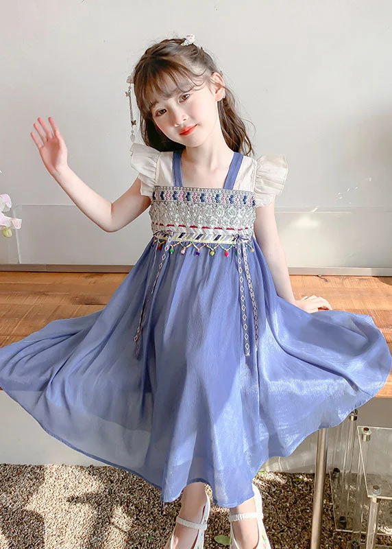 luxury dressBoutique Blue Square Collar Patchwork Tassel Chiffon Kids Long Dresses Sleeveless