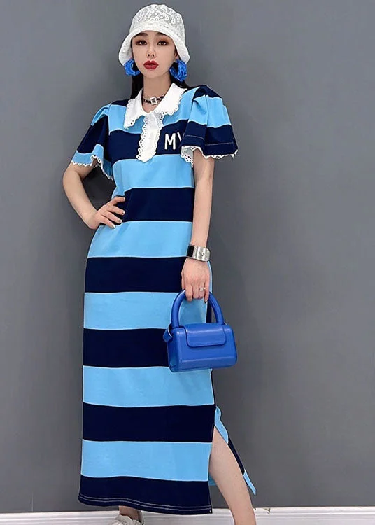 Extra Savings floral wrap dressfloral wrap dressFitted Blue Striped Turn-down Collar Lace Patchwork Side Open Cotton Long Dress Short Sleeve