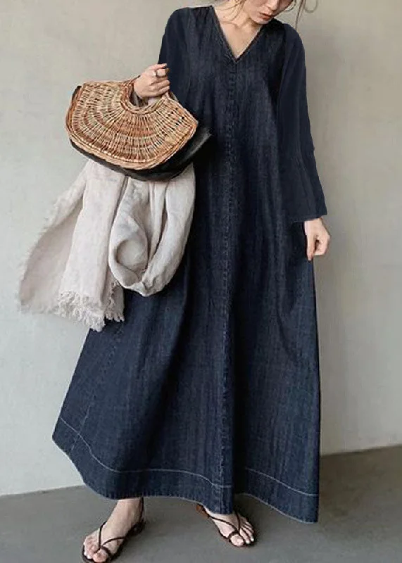 Super Sale off-shoulder dressoff-shoulder dressVintage Navy V Neck Patchwork Loose Waist Cotton Dress Spring