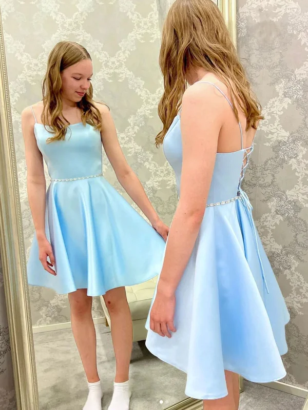 Super Bargain high-waisted dresshigh-waisted dressOpen Back Light Blue Short Prom Homecoming Dresses with Belt, Light Blue Formal Graduation Evening Dresses SP2445