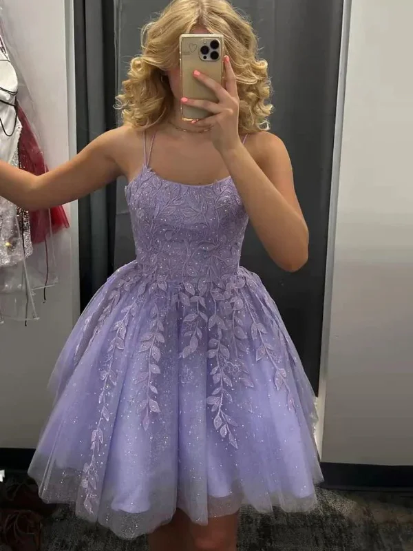 Exclusive Online Offer satin dresssatin dressShiny Open Back Purple Lace Short Prom Dresses, Purple Lace Homecoming Dresses, Lilac Formal Evening Dresses SP2531