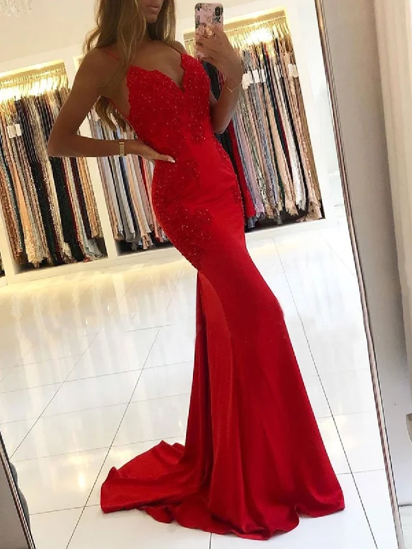 Unmissable Offer spaghetti strap dressspaghetti strap dressV Neck Mermaid Backless Lace Beaded Red Long Prom Dresses, Mermaid Red Lace Formal Dresses, Mermaid Red Evening Dresses