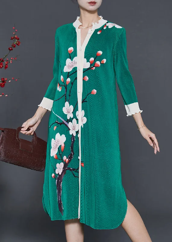 off-the-shoulder dressNatural Green Print Side Open Silk Robe Dresses Fall