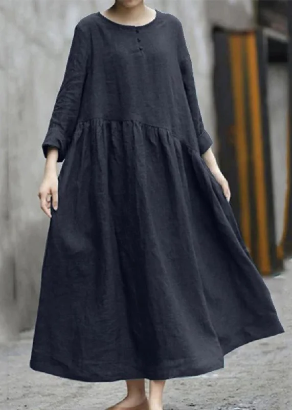 luxury dressSolid Color Black Cotton Linen Long Sleeve Swing Long Dress