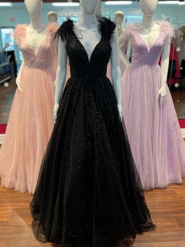 Sneak Peek Sale puff sleeve dresspuff sleeve dressShiny Tulle A Line V Neck Pink/Black/Purple Long Prom Dresses with High Slit, Long Pink/Black/Purple Formal Graduation Evening Dresses SP2644