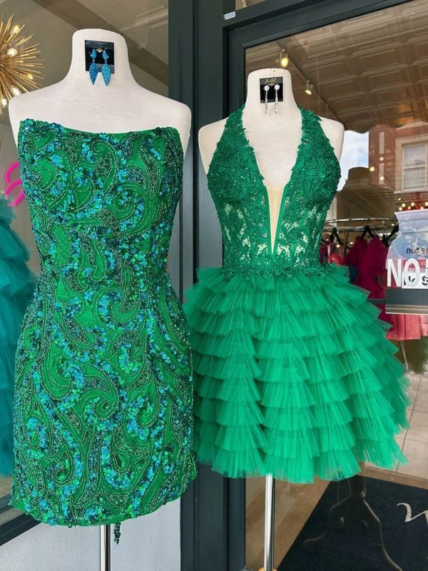 Members Only A-line dressA-line dressPrincess V Neck Backless Ruffle Green Lace Prom Dresses, Short Green Lace Homecoming Dresses SP3030