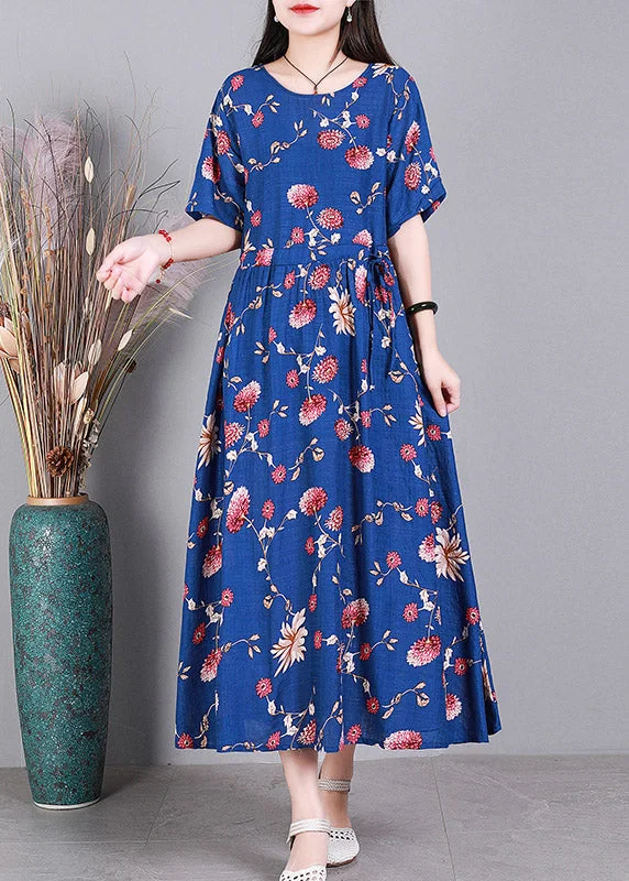 sleek dressBeach Blue O-Neck Print Drawstring Tie Waist Linen Vacation Dresses Short Sleeve