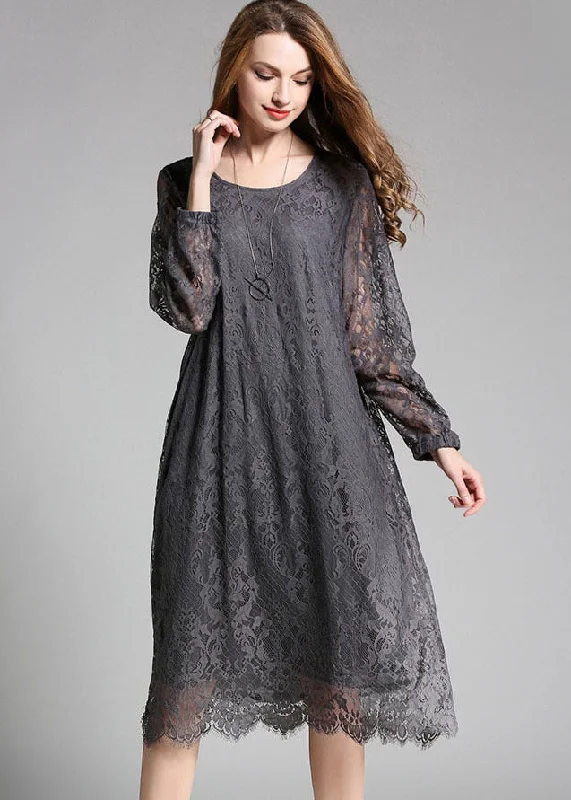 cocktail dressGrey Solid Lace Party Dress O-Neck Hollow Out Long Sleeve