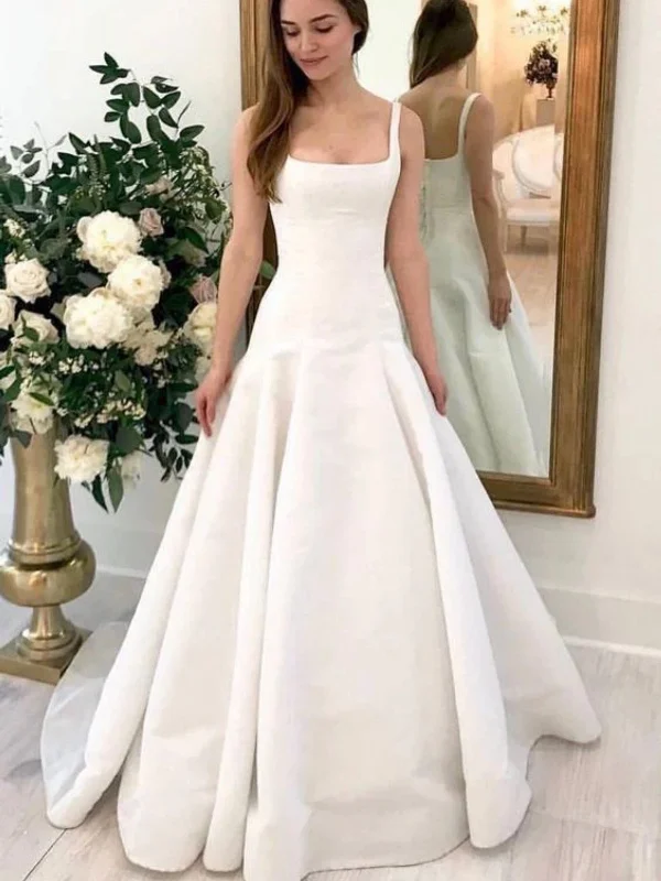 Bargain Prices printed dressprinted dressA Line White Satin Long Prom Dresses, Open Back Ivory Formal Graduation Evening Dresses SP2903
