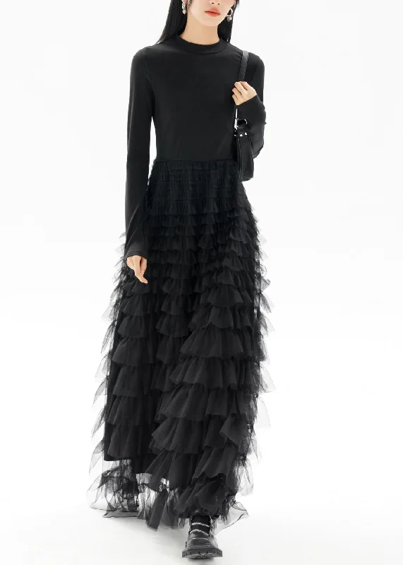 one-shoulder dressFashion Black O-Neck Patchwork Tulle Long Dresses Fall