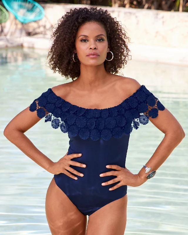 Best Deals Bardot Crochet Off-The-Shoulder One-Piece Swimsuit Navy