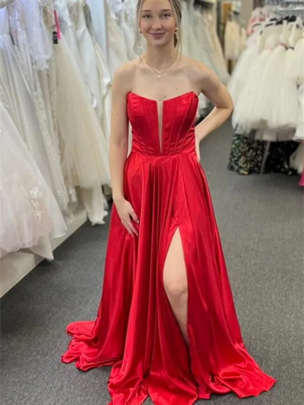 Daily Deals knit dressknit dressStrapless V Neck Red Long Prom Dresses with High Slit, Open Back Red Formal Dresses, Long Red Evening Dresses SP2802
