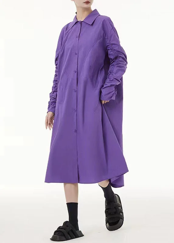 off-the-shoulder dressBoho Purple Peter Pan Collar Wrinkled Cotton Long Dress Spring