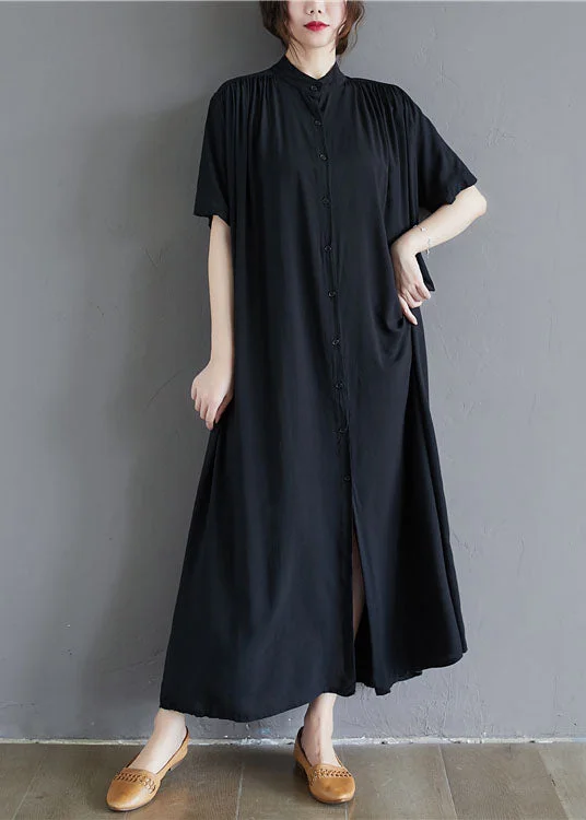 Deal of the Day party-ready dressparty-ready dressFrench Black Stand Collar Oversized Cotton Long Dress Summer