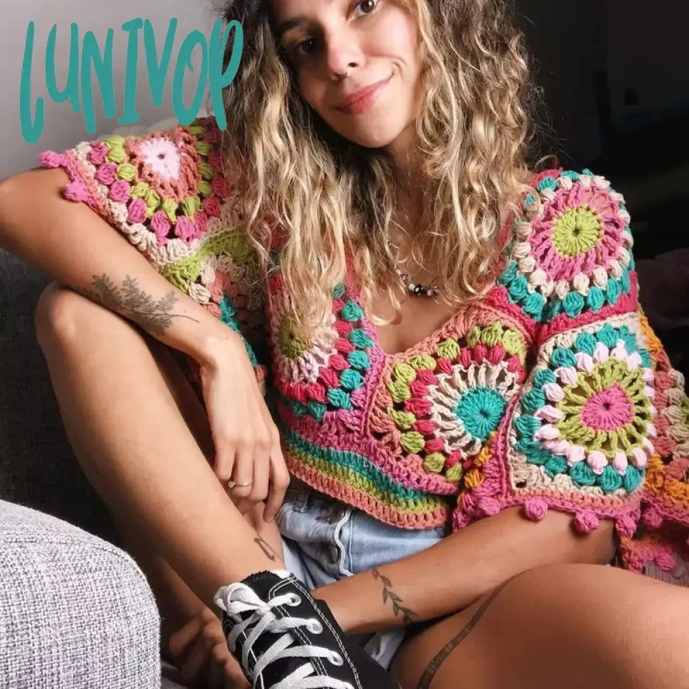 Bargain Blast Lunivop Boho Ethnic Plaid knitted Tanks women Short sleeve Loose Pullovers for Women Vintage Deep V Oversize boho beach tops