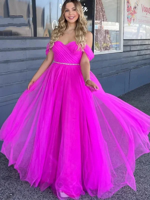 Reduced Prices casual day dresscasual day dressOff Shoulder Fuchsia Tulle Long Prom Dresses with Belt, Long Fuchsia Formal Graduation Evening Dresses SP2657