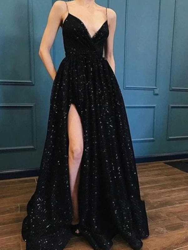 Lowest Price puff sleeve dresspuff sleeve dressCustom Made A Line V Neck Black Lace Prom Dress, Black Lace Evening Dress, Black V Neck Formal Dress