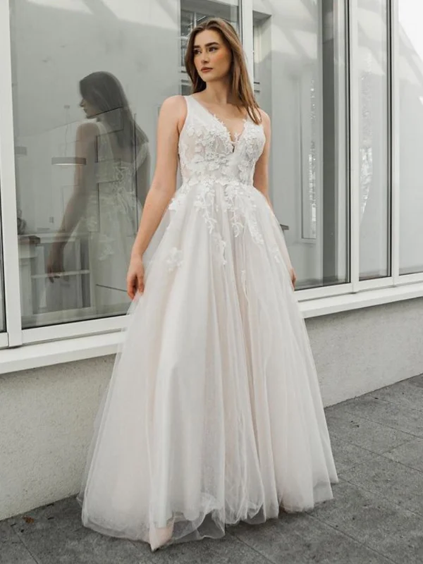 Crazy Savings vintage-inspired dressvintage-inspired dressA Line V Neck White Lace Long Prom Dresses, White Lace Wedding Dresses, White Formal Evening Dresses SP2530