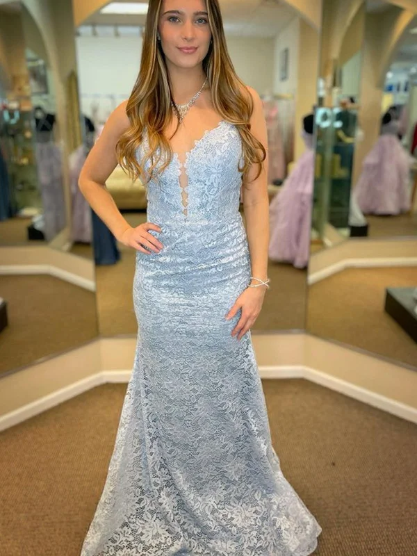 Year-End Sale casual evening dresscasual evening dressMermaid V Neck Light Blue Lace Long Prom Dresses, Light Blue Lace Formal Dresses, Mermaid Light Blue Evening Dresses SP2372