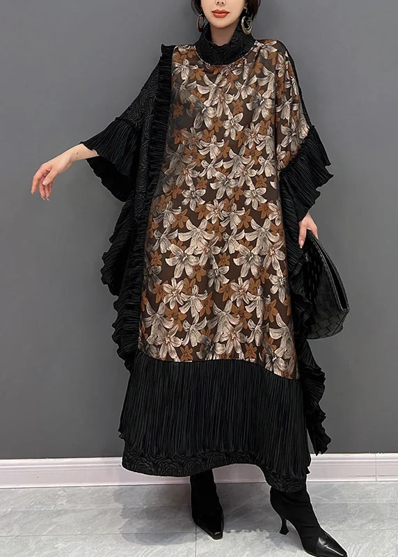 Inventory Reduction wool dresswool dressVogue Black O-Neck Ruffles Print Long Dresses Batwing Sleeve
