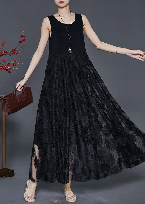 draped dressClassy Black Embroidered Lace Long Dress Sleeveless