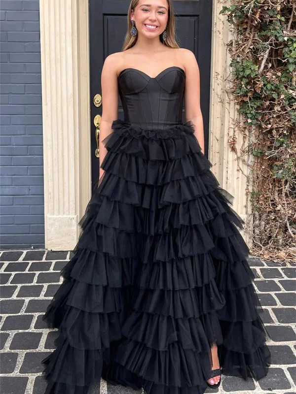 Get It Before It’s Gone boho-chic dressboho-chic dressSweetheart Neck Strapless Black Ruffle Tulle Long Prom Dresses, Black Formal Evening Dresses, Ball Gown SP2816