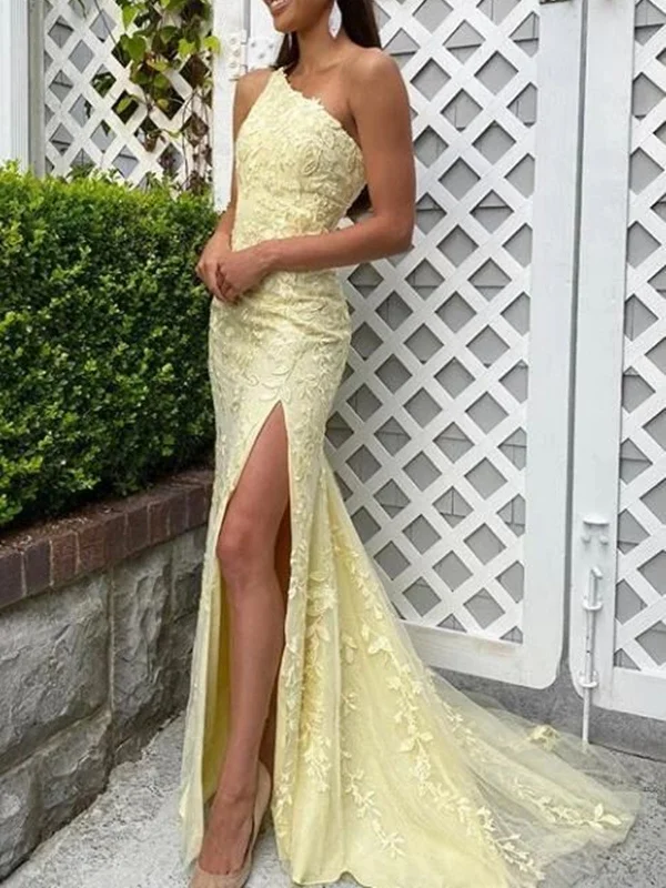 Midnight Madness boho-chic dressboho-chic dressMermaid One Shoulder Yellow Lace Long Prom Dresses with High Slit, Mermaid Yellow Formal Dresses, Yellow Lace Evening Dresses SP2305