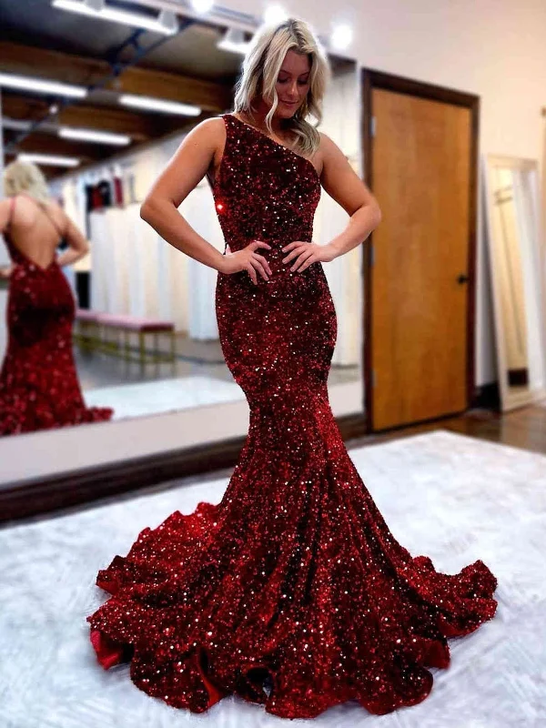 Flash Deals flowy dressflowy dressShiny Sequins One Shoulder Mermaid Backless Burgundy Long Prom Dresses, Mermaid Burgundy Formal Dresses, Burgundy Evening Dresses SP2230