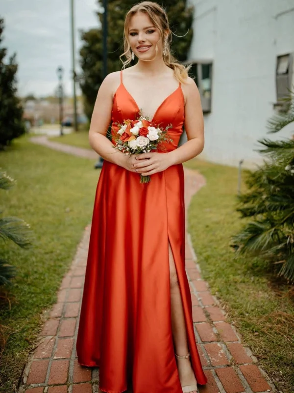 Warehouse Sale satin dresssatin dressA Line V Neck Open Back Orange Satin Long Prom Dresses, High Slit Orange Formal Graduation Evening Dresses SP3095