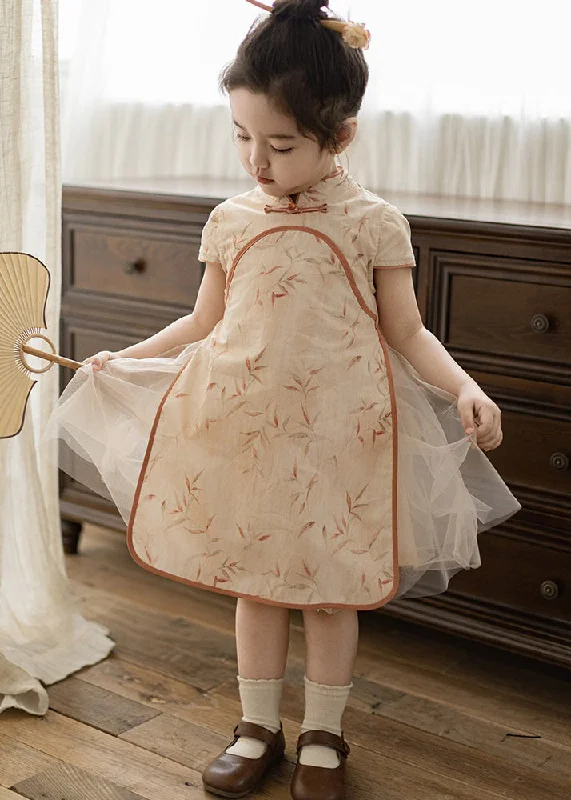 long-sleeve floral dressHandmade Orange Stand Collar Tulle Patchwork Kids Maxi Dresses Short Sleeve