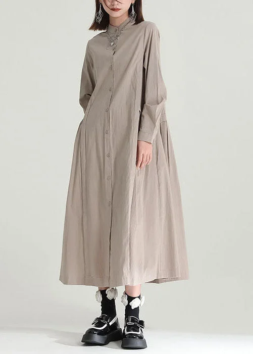 mini dressCasual Solid Color Stand Collar Patchwork Linen Long Dress Fall