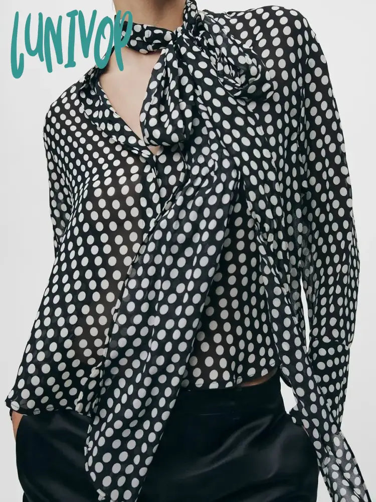 Final Markdown Lunivop Polka Dot Blouses For Women 2024 Spring New Fashion Long Sleeve Bow Collar Pullover Blouse Casual Elegant Office Lady Shirt Tops