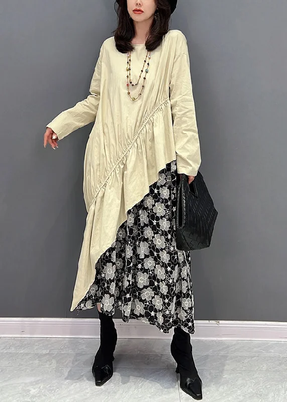 Midnight Sale velvet dressvelvet dressWomen Beige O-Neck Asymmetrical Patchwork Ruffles Dresses Fall