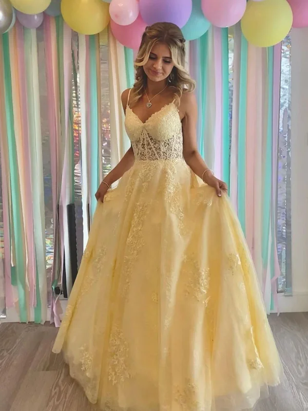 Early Bird Discount vintage-inspired dressvintage-inspired dressV Neck Open Back Yellow Lace Tulle Long Prom Dresses, Yellow Lace Formal Graduation Evening Dresses SP2424