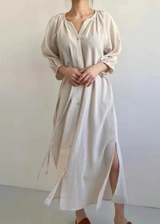 Customer Appreciation Sale A-line dressA-line dressElegant Beige Oversized Side Open Tie Waist Cotton Dress Bracelet Sleeve Customer Appreciation Sale A-line dressA-line dressElegant Beige Oversized Side Open Tie Waist Cotton Dress Bracelet Sleeve