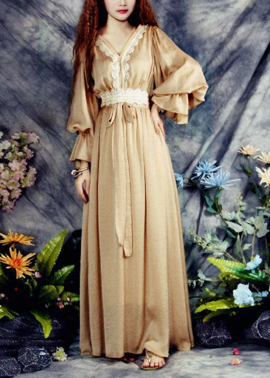 Price Drop long-sleeve floral dresslong-sleeve floral dressFashion Khaki V Neck Lace Patchwork Exra Large Hem Silk Cinch Long Dress Spring