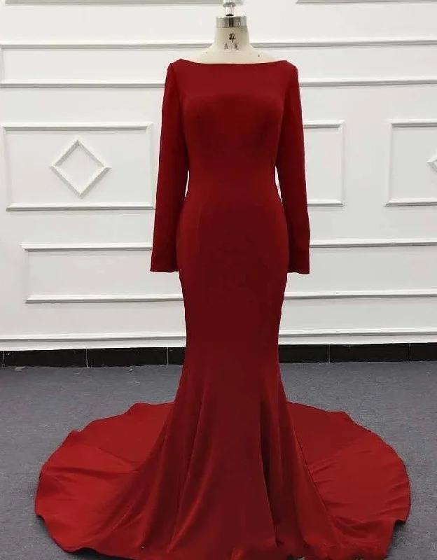 Value Deals pleated dresspleated dressMermaid Long Sleeve Red Evening Dress