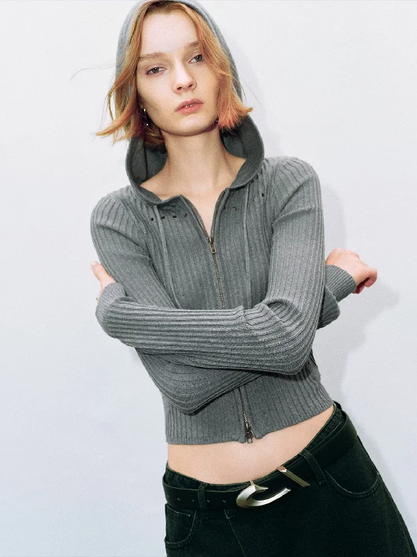 Buy Now Zipper Front Hooded Skinny Knitted Cardigan