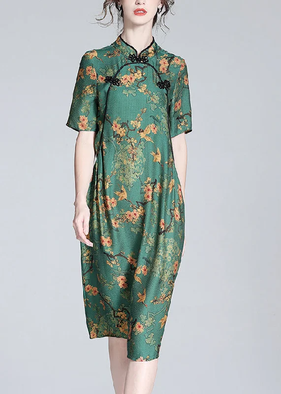 Buy Now sleek midi dresssleek midi dressSexy Green Stand Collar Print Button Silk Maxi Dress Short Sleeve
