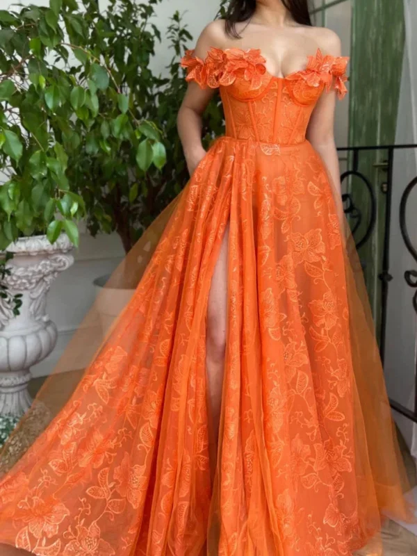 Seasonal Sale summer dresssummer dressOff Shoulder Orange Lace Long Prom Dresses with High Slit, Off the Shoulder Orange Formal Dresses, Orange Lace Evening Dresses SP2656