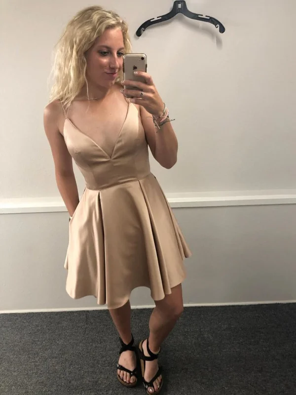 Discount Extravaganza floral wrap dressfloral wrap dressV Neck Champagne Satin Short Prom Dresses with Pocket, Champagne Homecoming Dresses, Short Champagne Formal Evening Dresses