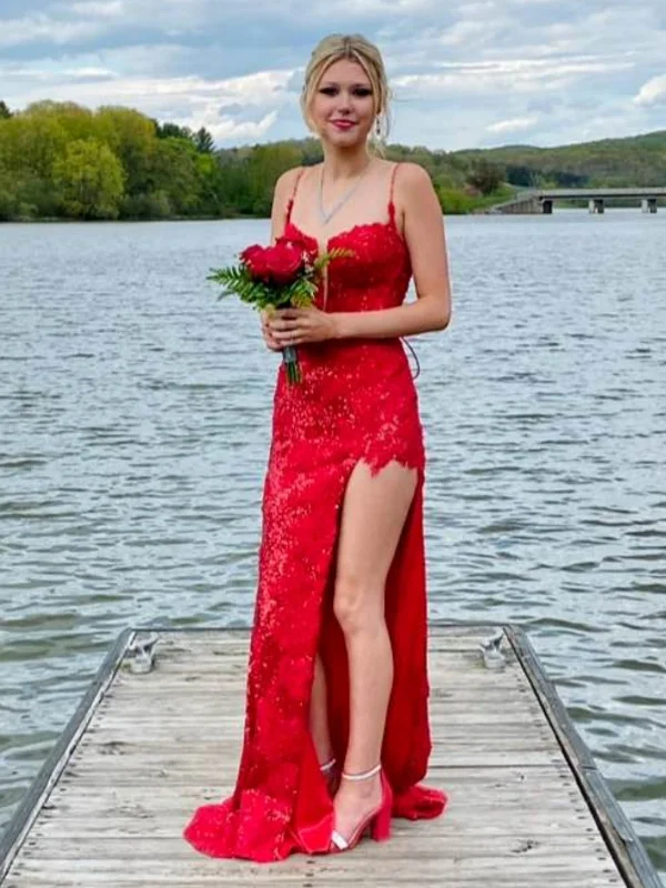 Special Discount chic shift dresschic shift dressOpen Back V Neck Red Lace Sequins Long Prom Dresses, Red Lace Formal Dresses, Red Evening Dresses with High Slit SP3089