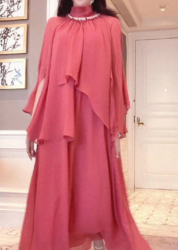 Discount Mania pleated maxi dresspleated maxi dressOrganic Red Turtleneck Nail Bead Silk Long Dresses Long Sleeve
