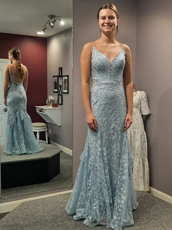 Discount Days summer dresssummer dressV Neck Open Back Mermaid Blue Lace Long Prom Dresses, Mermaid Blue Formal Dresses, Blue Lace Evening Dresses SP3039 Discount Days summer dresssummer dressV Neck Open Back Mermaid Blue Lace Long Prom Dresses, Mermaid Blue Formal Dresses, Blue Lace Evening Dresses SP3039