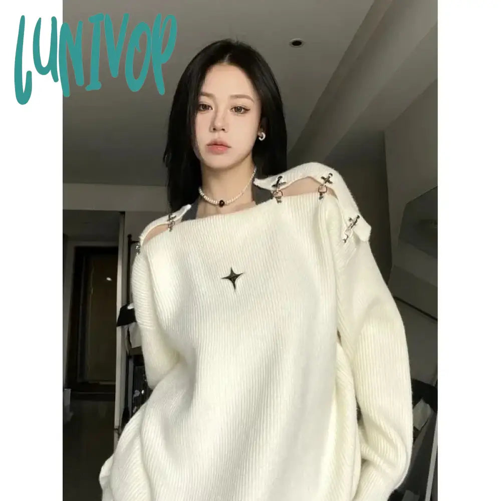 Exclusive Online Offer Lunivop Sexy Off Shoulder Slash Neck Pullover Sweater Autumn Loose Casual Solid Jumpers Harajuku Vintage Fashion Y2k Tops Grunge