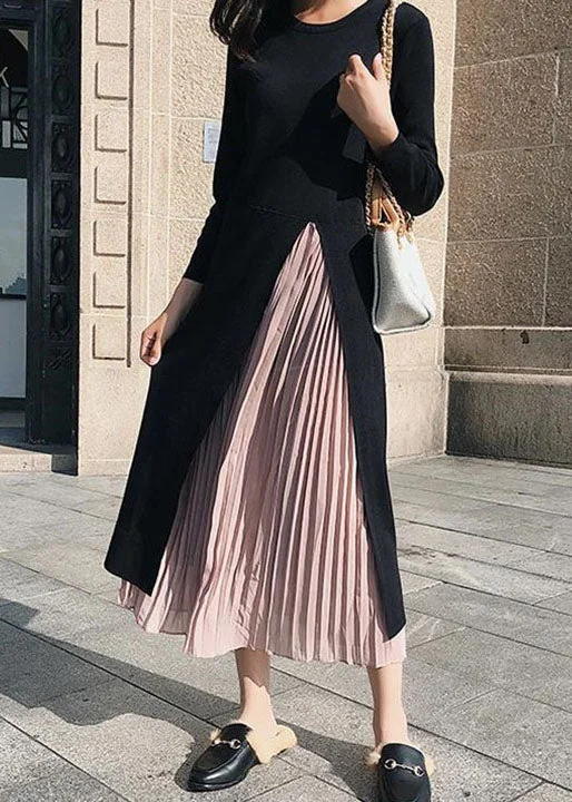 Hurry In statement dressstatement dressFitted Black O Neck Pleated Patchwork Cotton Dresses Spring